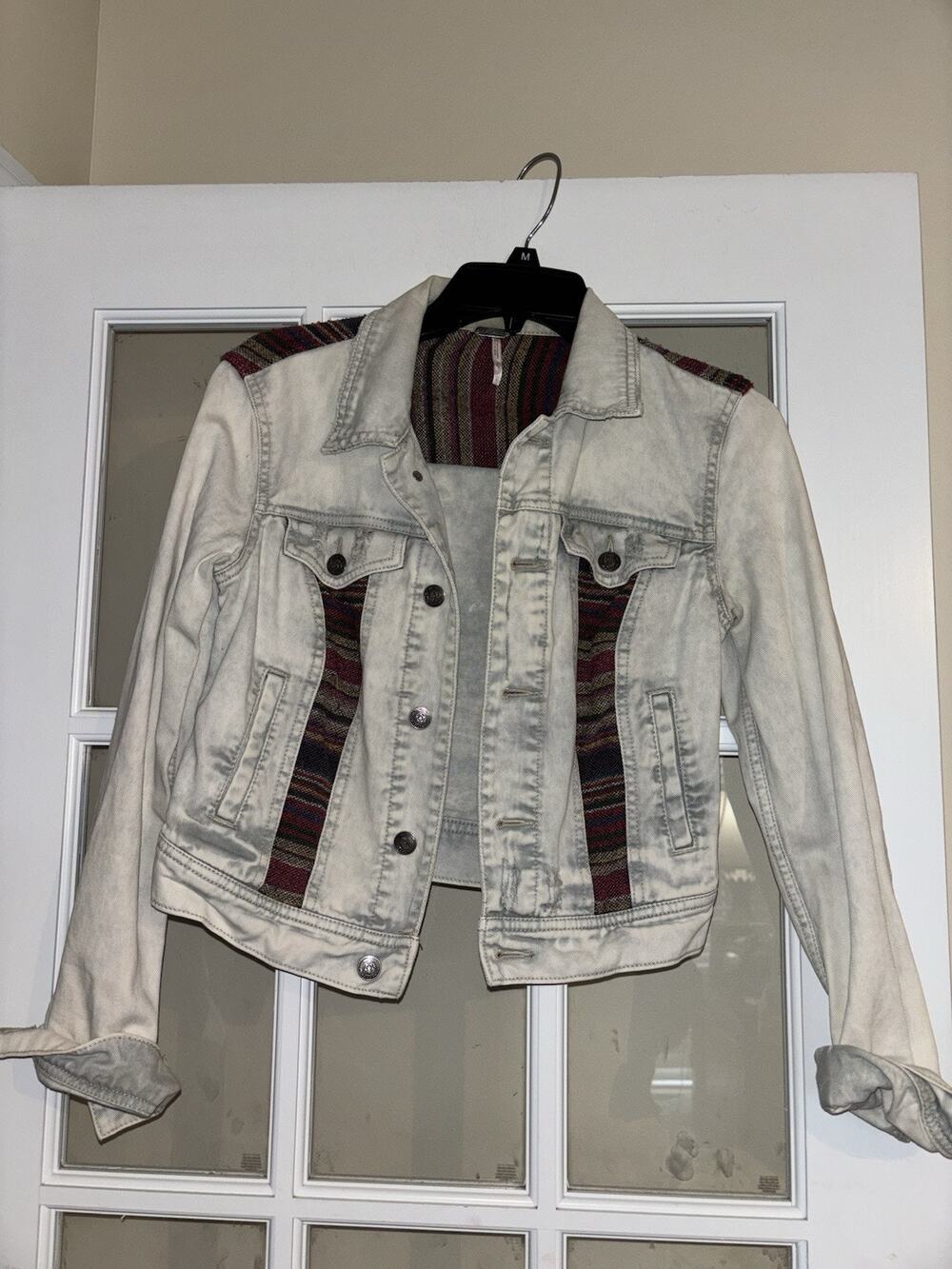 Free People Cropped Denim Jacket 2 Distressed Jean Aztec Southwest Baja Western